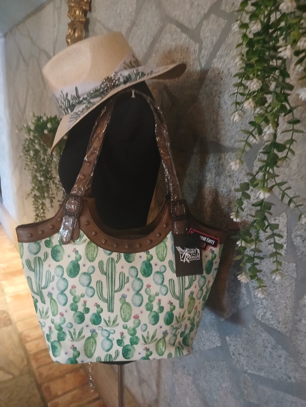 ANGEL RANCH Green Cactus Print Tote Bag with Brown Trim